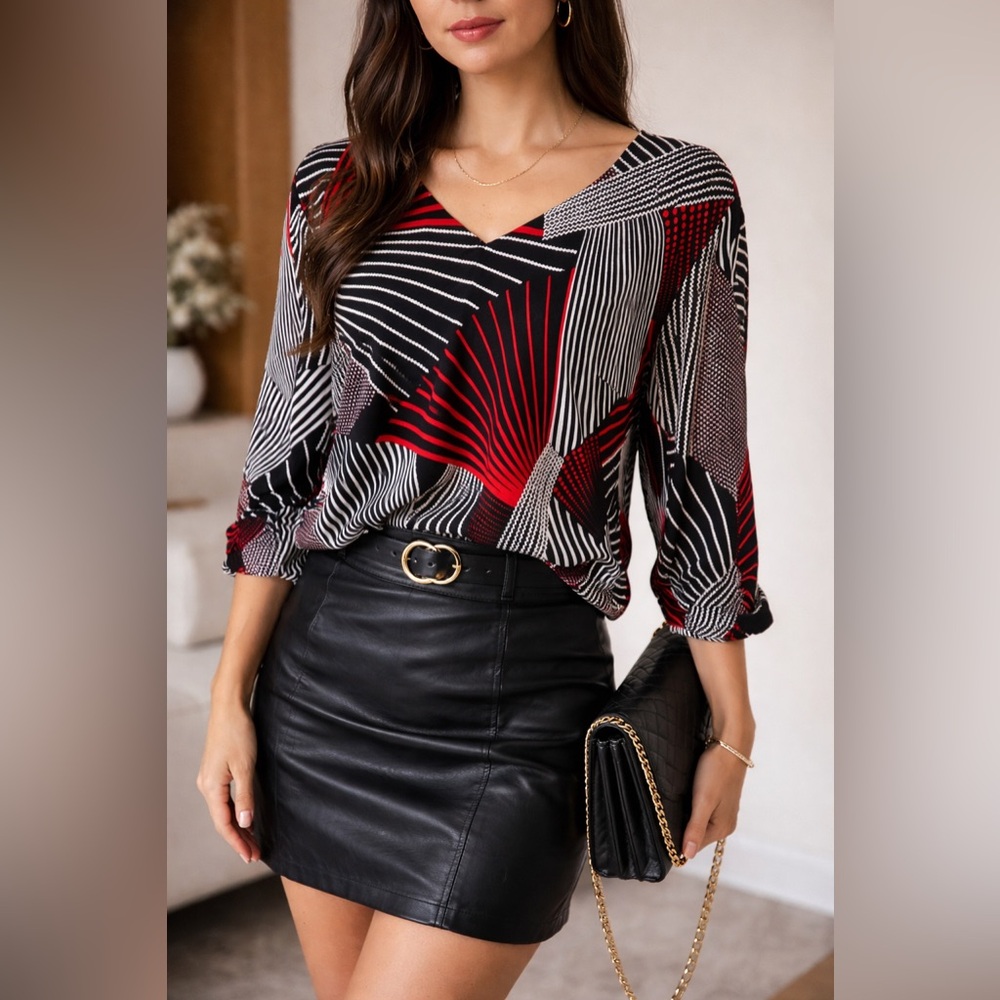 Bold Abstract V-Neck Long Sleeve Top - Estimated Size Medium